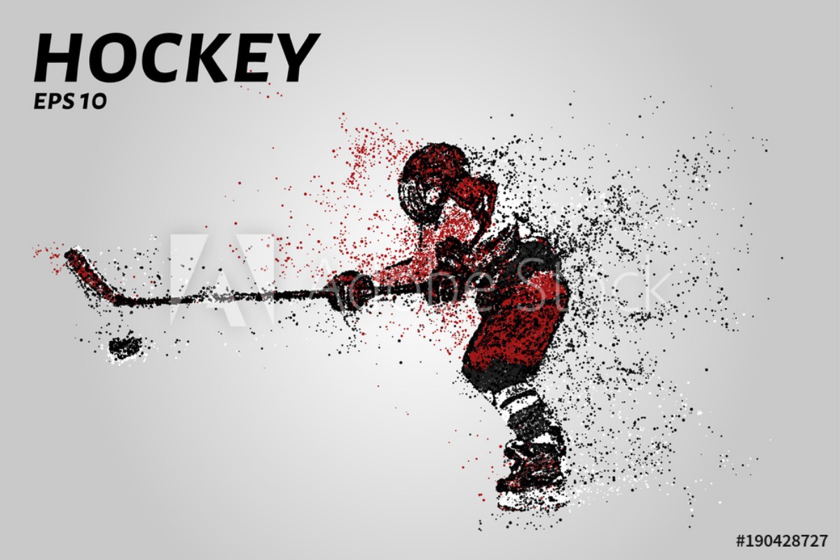 Afbeeldingen van Hockey player in red uniform Hockey from the particles